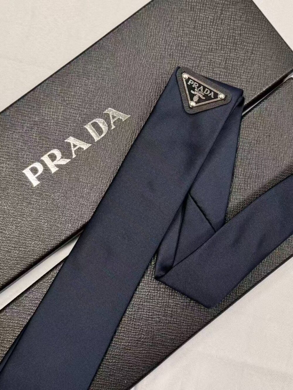 Prada Dark Blue Triangle Logo Tie (Brand New with Gift Box) Nylon👔💙 - Picture 5 of 7